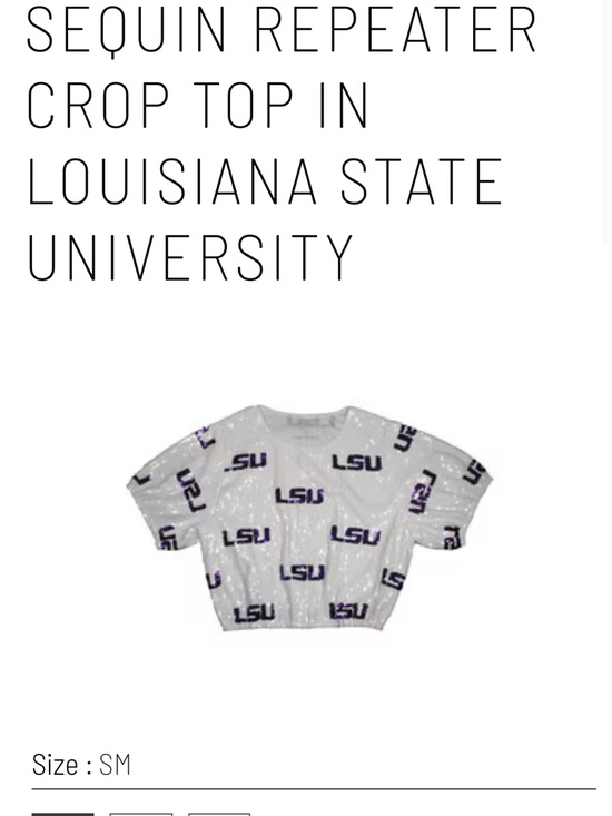 capri designs Tops - LSU Sequin Repeater Crop Top - White with Purple Logo